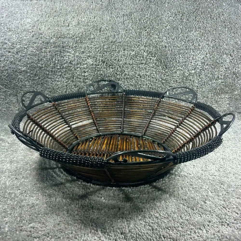 Wood Metal Wire Decorative Bowl Brown Scroll Handle Rustic Large 12in